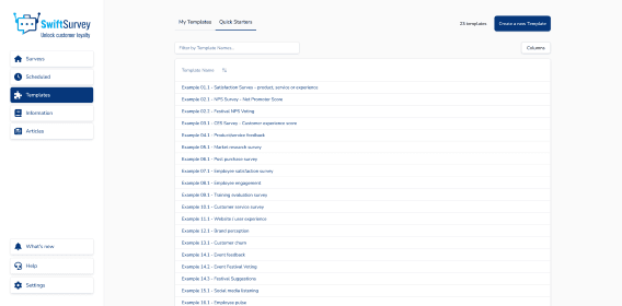 Dashboard of SwifSurvey Quick Starter templates