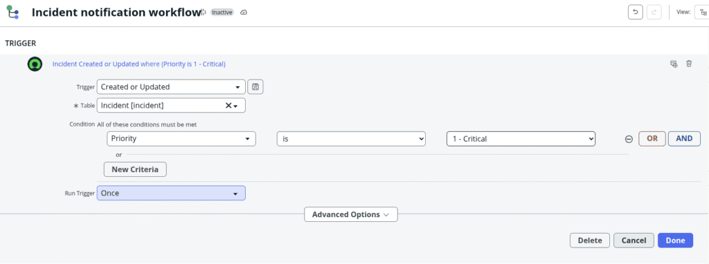 When table "Incident" is updated on Priority column and is Critical, ServiceNow Trigger occurs
