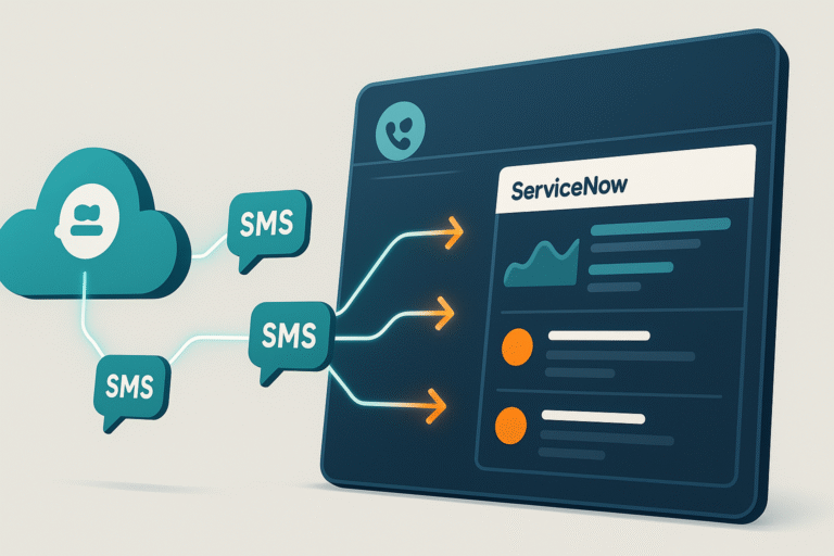 SMS bubbles pointing to ServiceNow dashboard