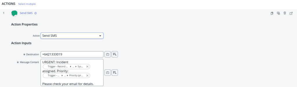 Messenger Send SMS action in ServiceNow flow