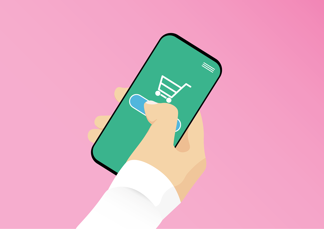 Mobile phone with shopping cart for a website on screen